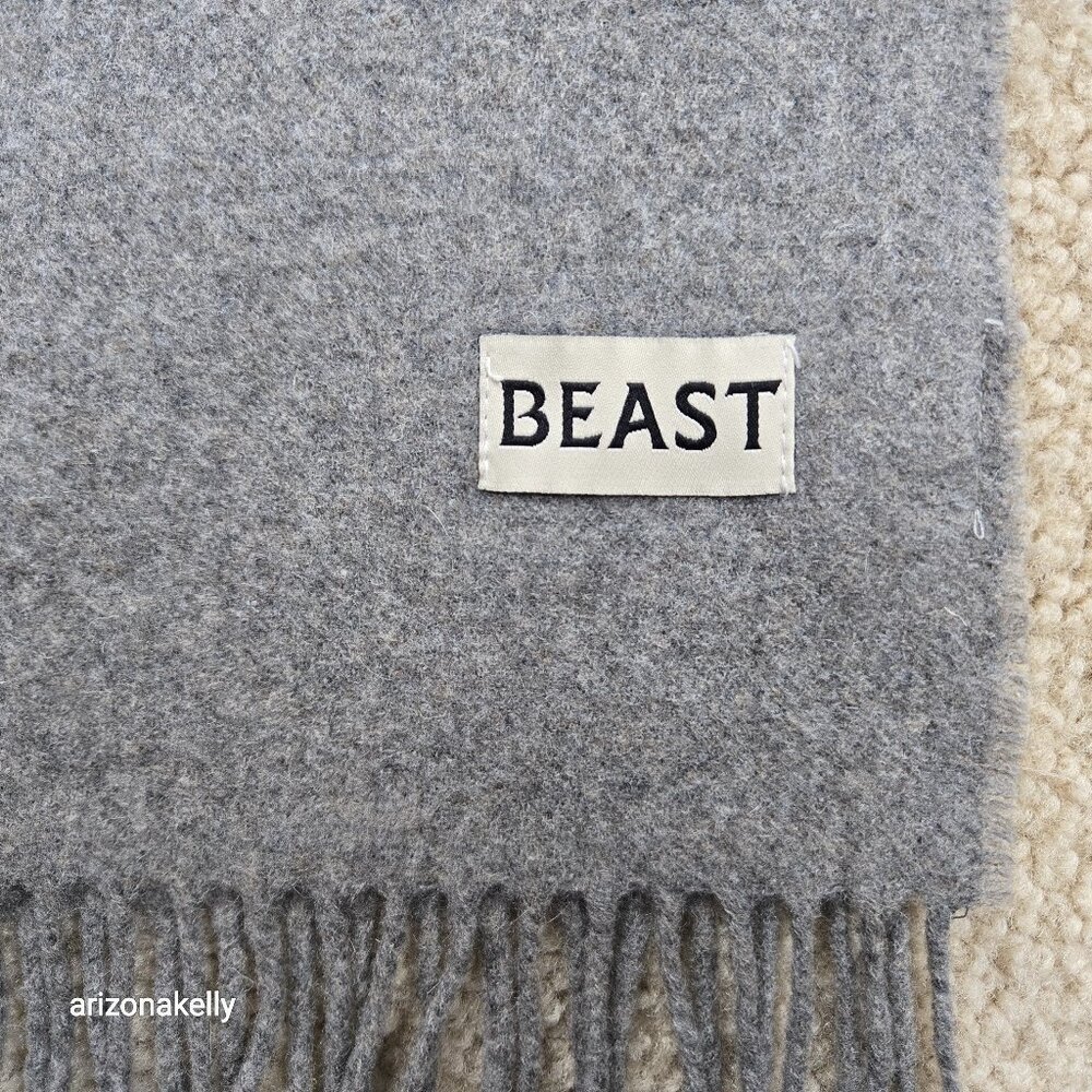 NWOT Beast Wool Scarf Grey Fringed Thick Oversized - Picture 2 of 10
